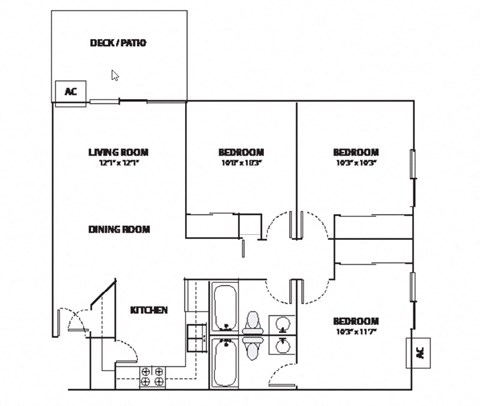 Floor plan for 3 beds, 2 baths, 1091 sqft